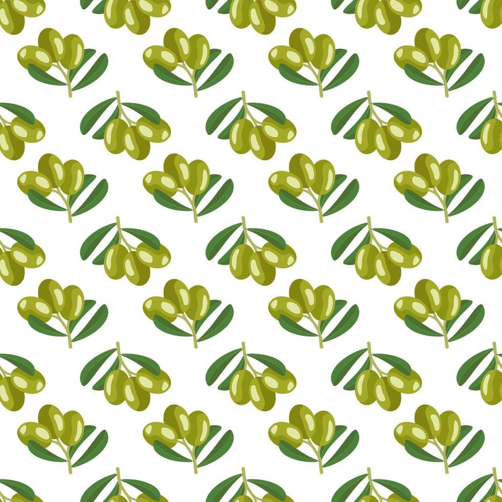 Seamless pattern with branch of green olives with fruits and leaves. Greek traditional food print on white background. Vector flat illustration