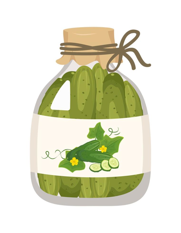pepinos en vinagre salados verdes en un frasco de vidrio cerrado. comida preparada, merienda sabrosa. ilustración plana vectorial vector