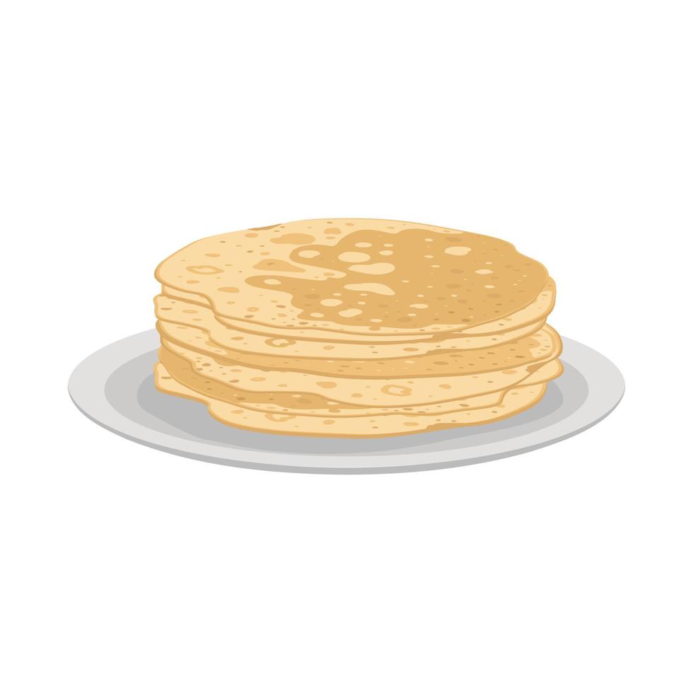 Thin pancakes on plate. Festive dish for Maslenitsa, carnival and Shrovetide. Delicious pastries. Vector flat food illustration