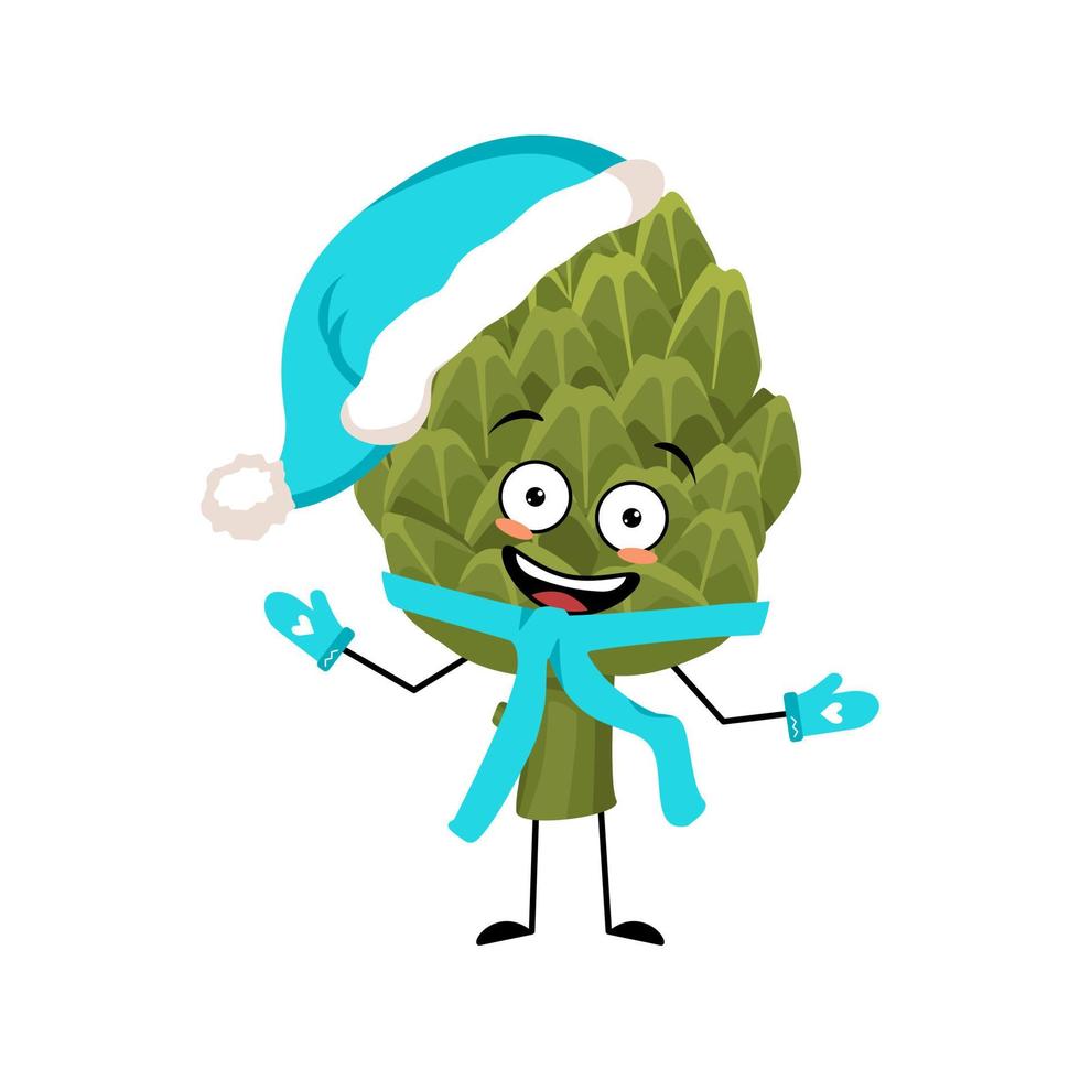 Artichoke character in Santa hat  with happy emotion, joyful face, smile eyes, arms and legs. Person with happy expression, green vegetable emoticon. Vector flat illustration