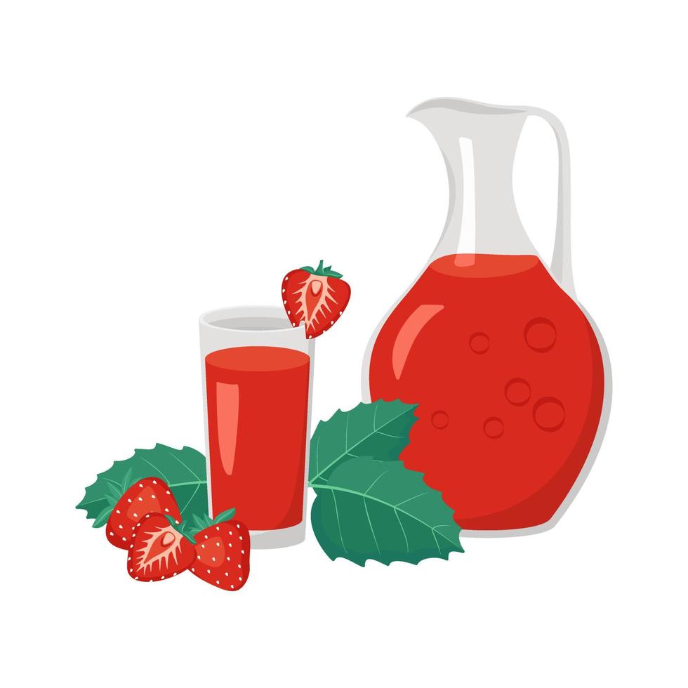Jug and glass of red strawberry juice or drink with berries and leaves. Sweet delicious food and beverage. Vector flat illustration
