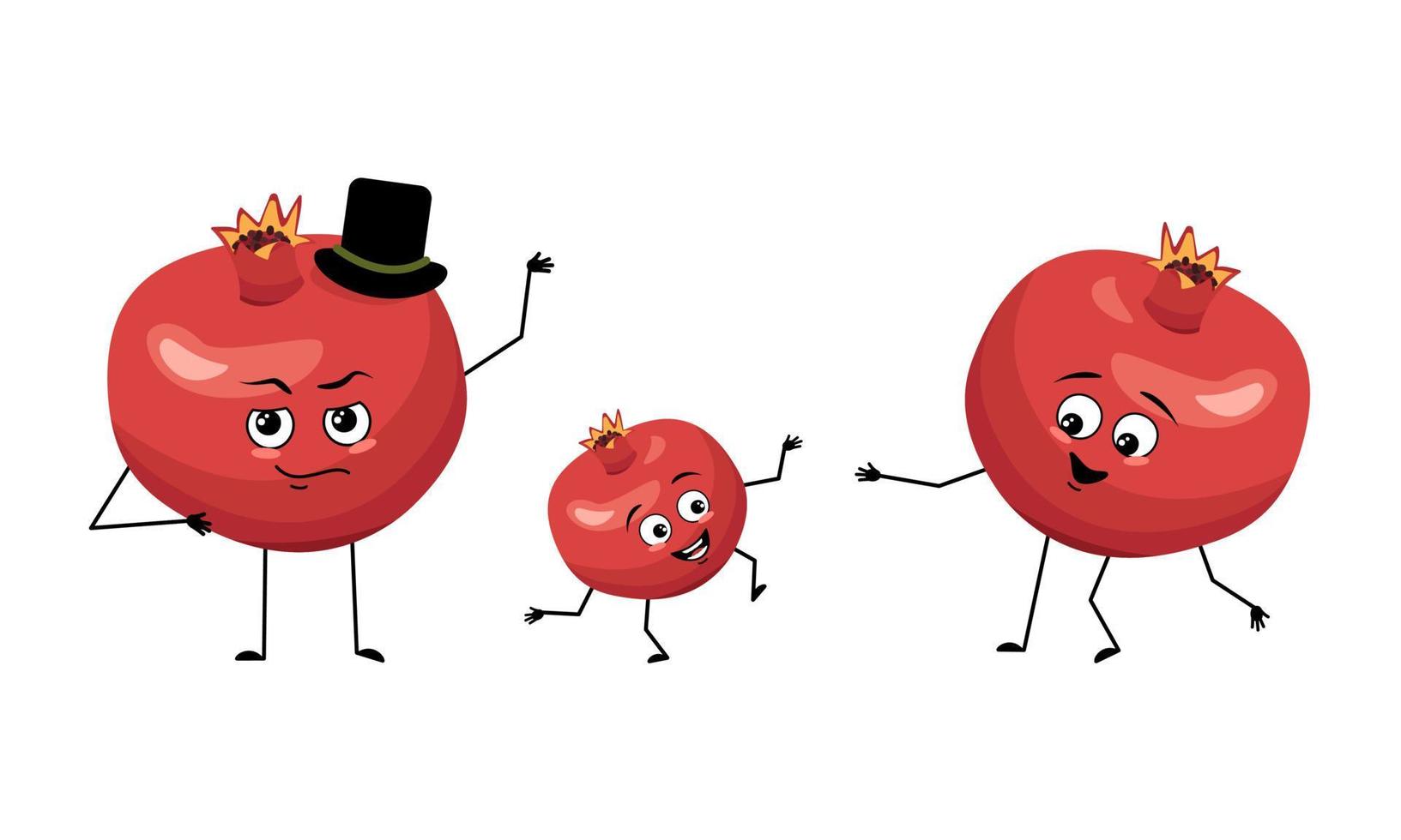 Family of pomegranate fruit characters with happy emotions, smile face, happy eyes, arms and legs. Mom is happy, dad is wearing hat and child is dancing. Vector flat illustration