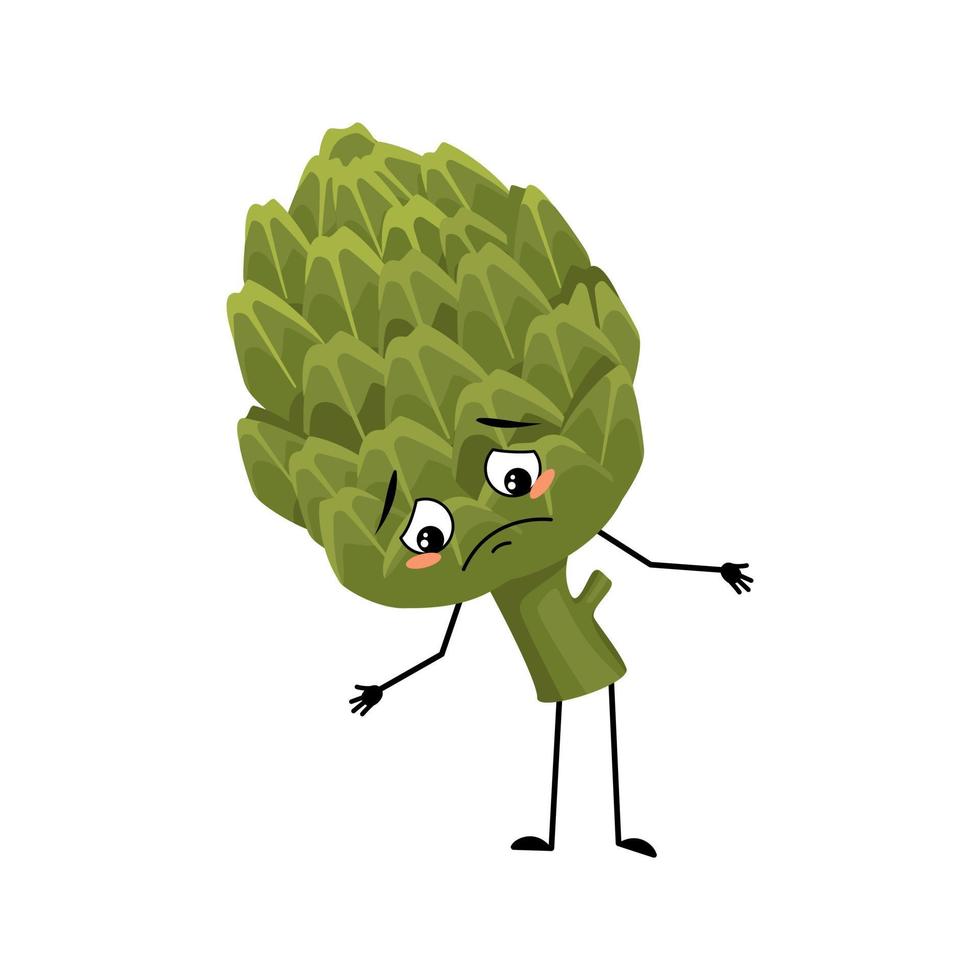 Artichoke character with sad emotions, depressed face, down eyes, arms and legs. Person with melancholy expression, green vegetable emoticon. Vector flat illustration