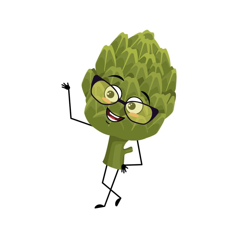 Artichoke character with glasses and happy emotion, joyful face, smile eyes, arms and legs. Person with happy expression, green vegetable emoticon. Vector flat illustration