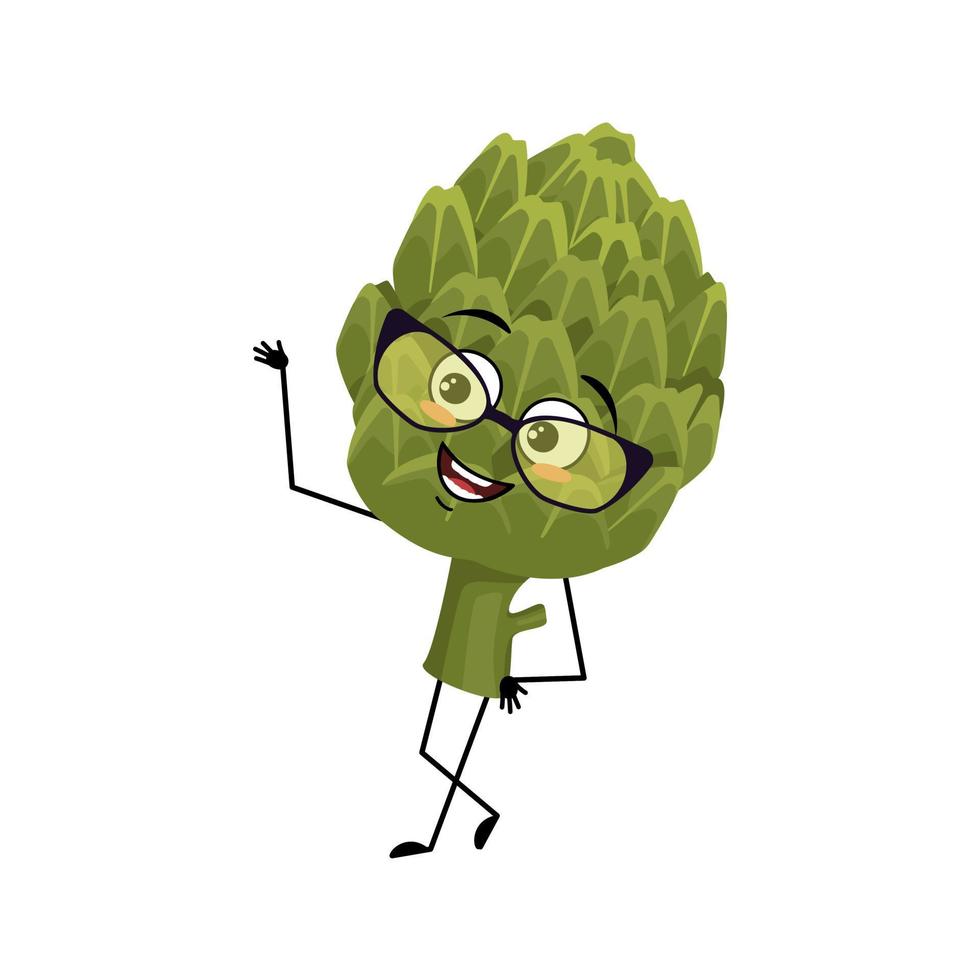 personaje de alcachofa con gafas y emoción feliz, cara alegre, ojos sonrientes, brazos y piernas. persona con expresión feliz, emoticono vegetal verde. ilustración plana vectorial vector