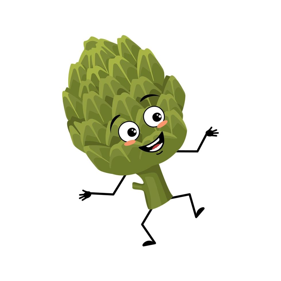 personaje de alcachofa con emoción feliz, cara alegre, ojos sonrientes, brazos y piernas. persona con expresión feliz, emoticono vegetal verde. ilustración plana vectorial vector