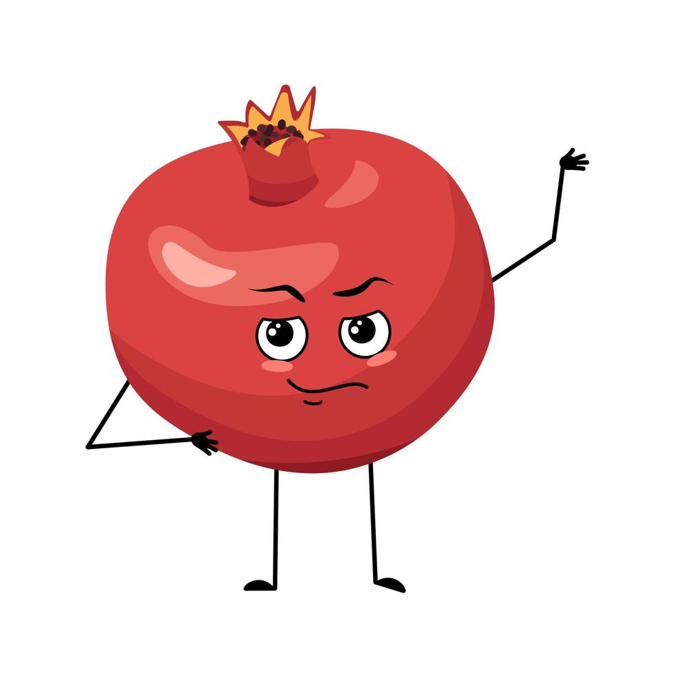 Pomegranate character with emotions of hero, brave face, arms and leg. Person with courage expression, fruit emoticon. Vector flat illustration