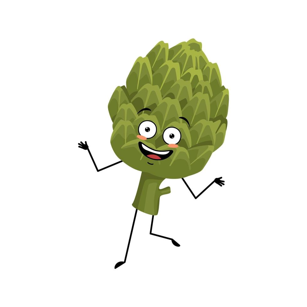 Artichoke character with crazy happy emotion, joyful face, smile eyes, dancing arms and legs. Person with happy expression, green vegetable emoticon. Vector flat illustration