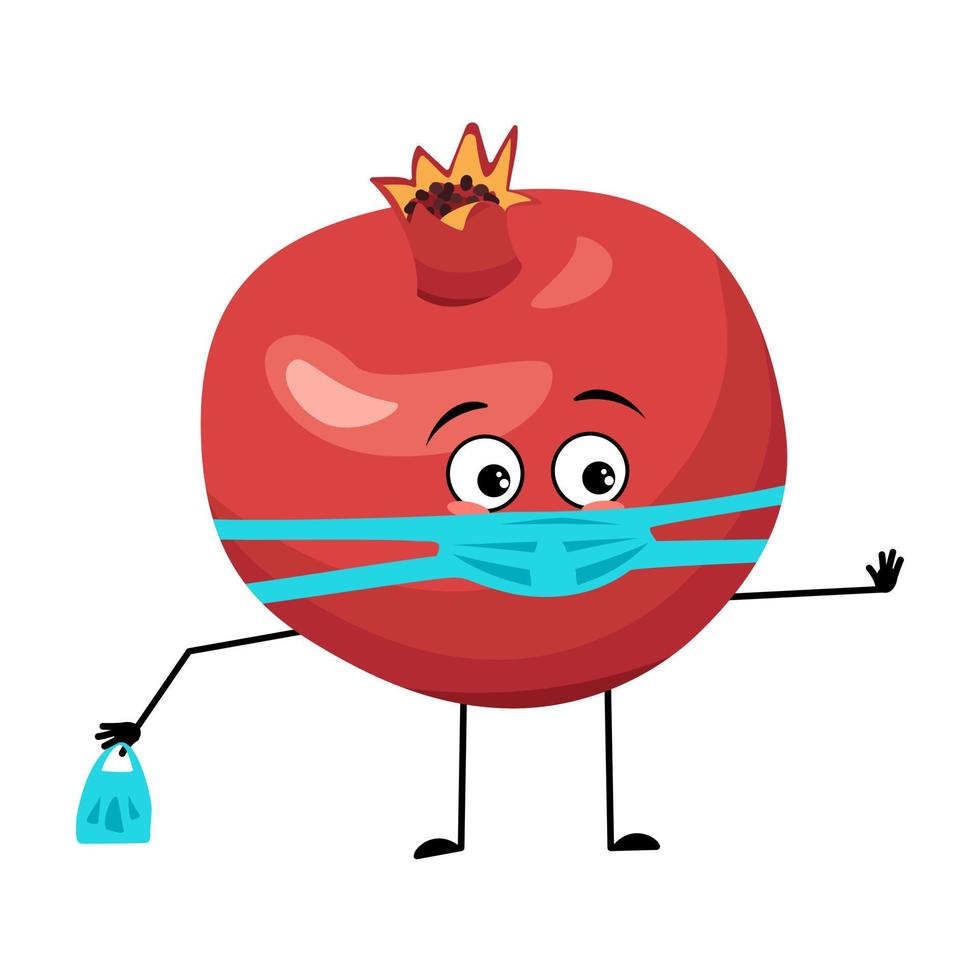 Pomegranate character with sad emotions, face and mask keep distance, hands with shopping bag and stop gesture. Person with care expression, fruit emoticon. Vector flat illustration