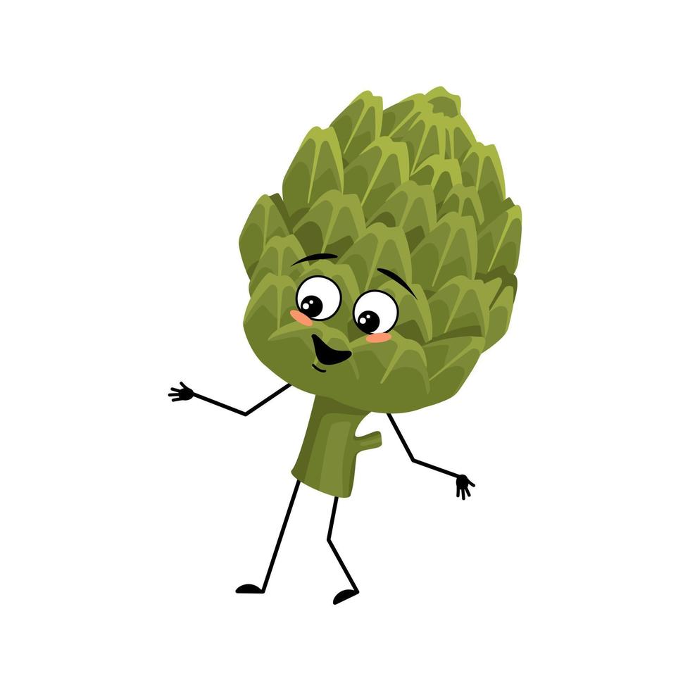 Artichoke character with happy emotion, joyful face, smile eyes, arms and legs. Person with happy expression, green vegetable emoticon. Vector flat illustration