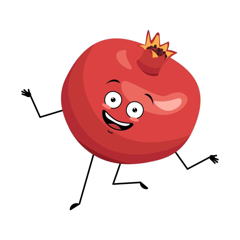 personaje de granada con loca emoción feliz, cara alegre, ojos sonrientes, brazos y piernas bailando. persona con expresión feliz, emoticono de frutos rojos. ilustración plana vectorial vector