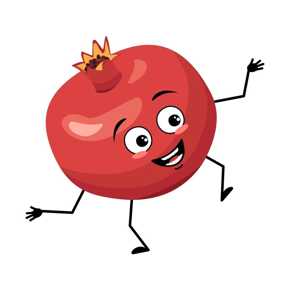 Pomegranate character with happy emotion, joyful face, smile eyes, arms and legs. Person with happy expression, red fruit emoticon. Vector flat illustration
