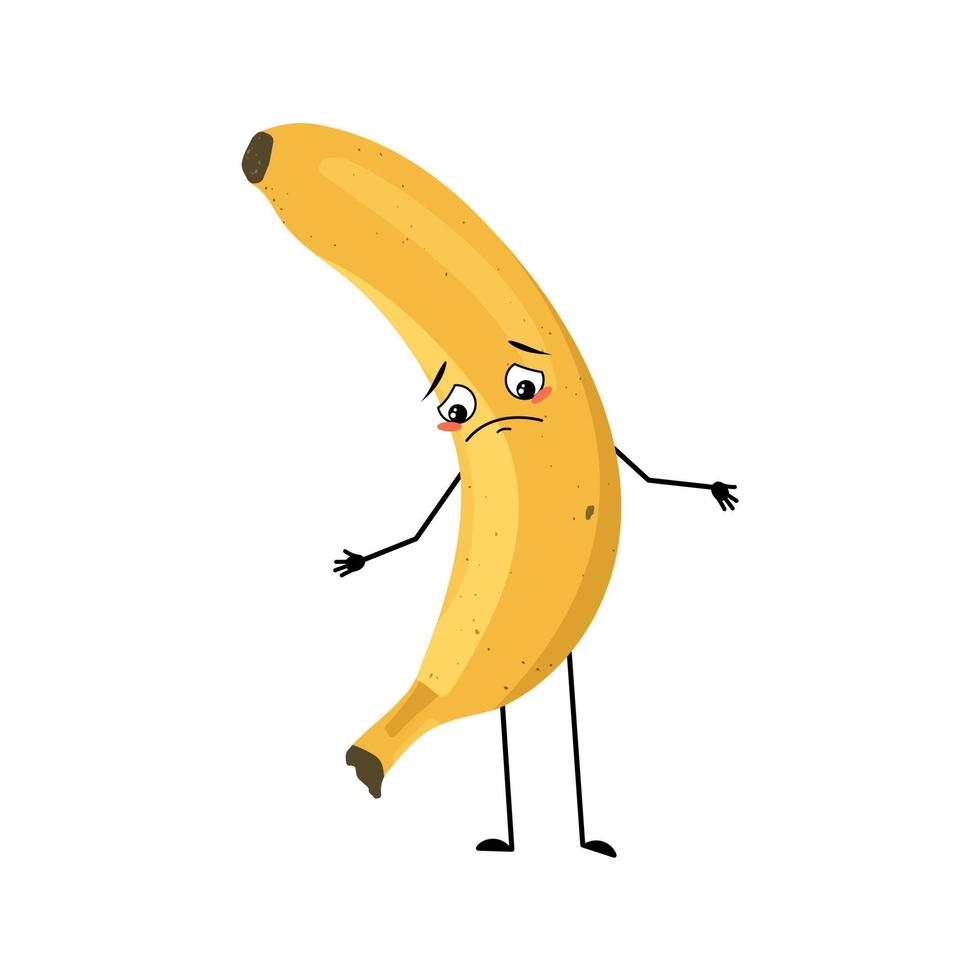 Banana character with sad emotions, depressed face, down eyes, arms and legs. Person with melancholy expression, fruit emoticon. Vector flat illustration