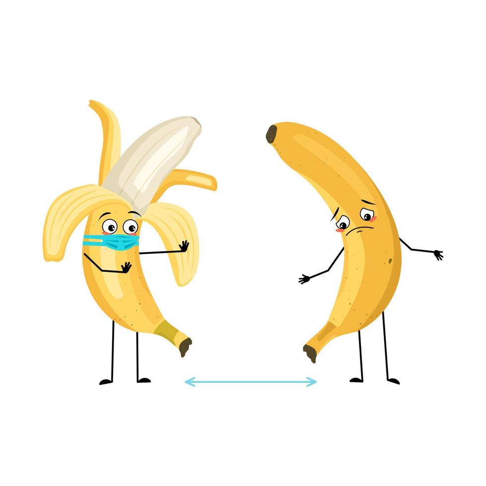 Banana character with sad emotions, face and mask keep distance, arms and legs. Person with care expression, fruit emoticon. Vector flat illustration