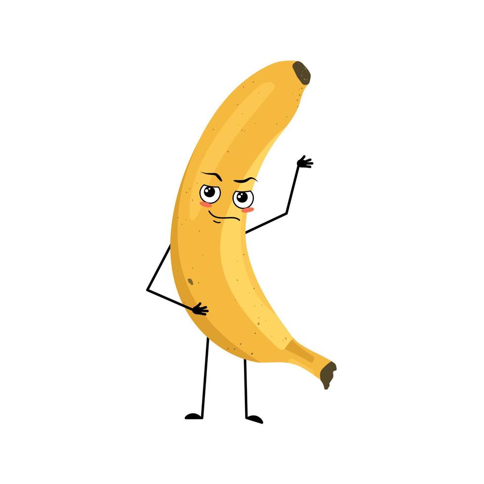 Banana character with emotions of hero, brave face, arms and leg. Person with courage expression, fruit emoticon. Vector flat illustration