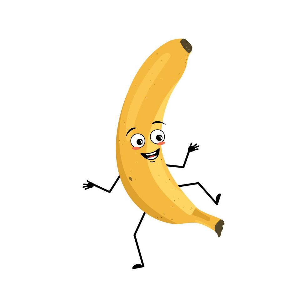 Banana character with happy emotion, joyful face, smile eyes, dancing arms and legs. Person with expression, fruit emoticon. Vector flat illustration