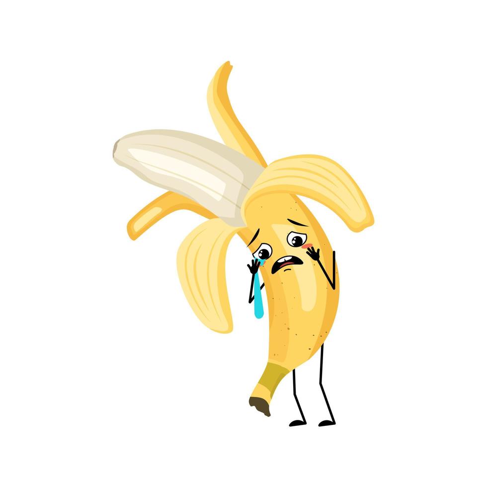 Banana character with crying and tears emotion, sad face, depressive eyes. Person with melancholy expression, fruit emoticon. Vector flat illustration
