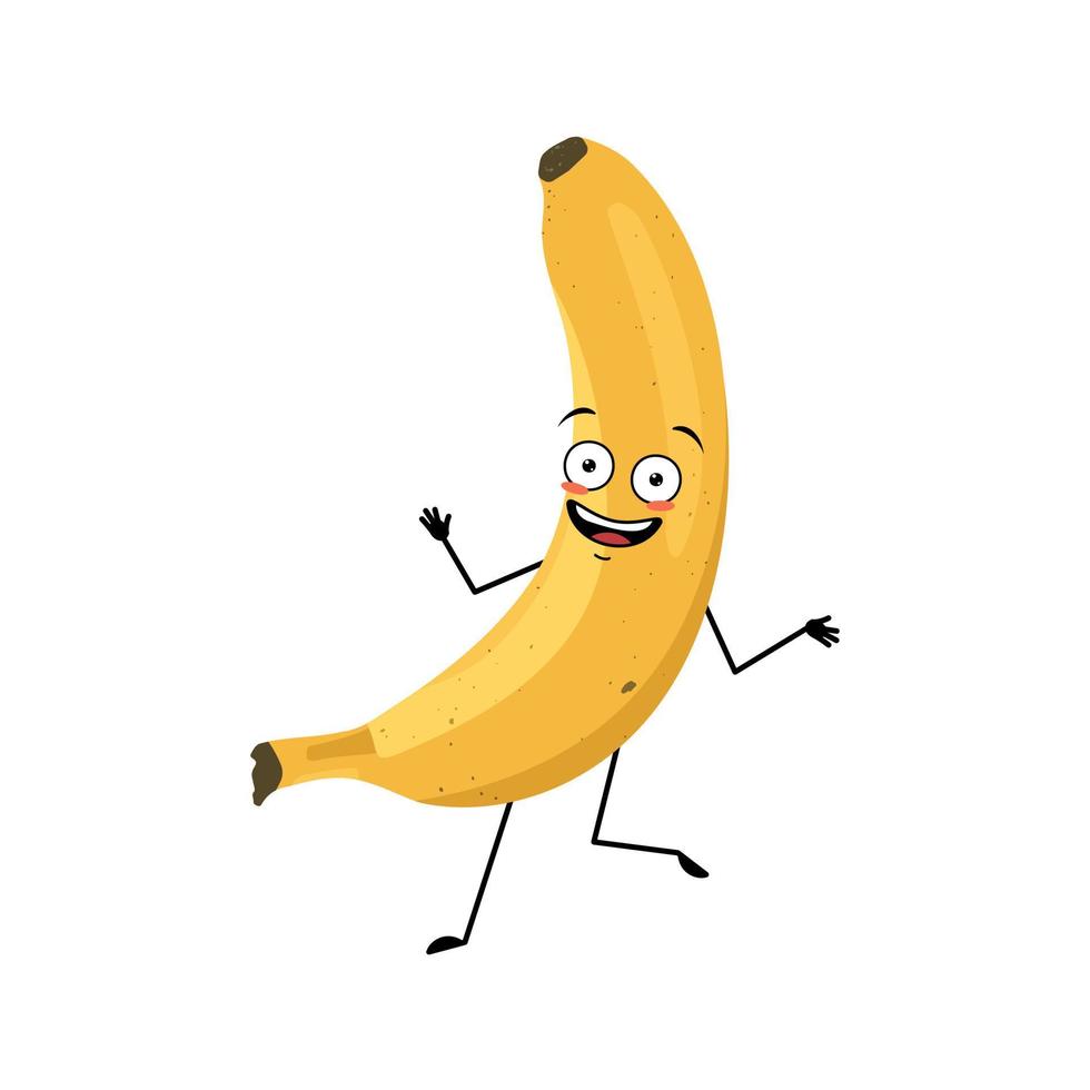Banana character with crazy happy emotion, joyful face, smile eyes, dancing arms and legs. Person with expression, fruit emoticon. Vector flat illustration