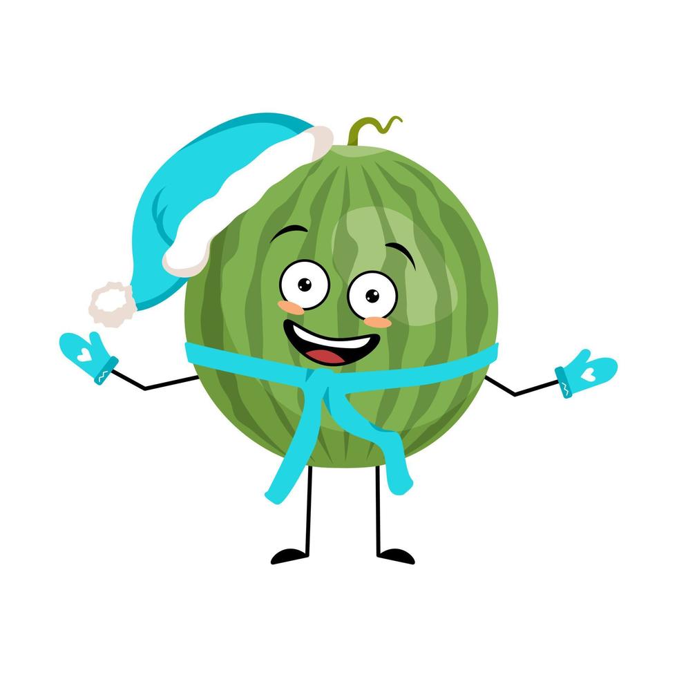 Green striped round watermelon character with happy emotion in Santa hat, joyful face, smile eyes, arms and legs. Person with expression, fruit emoticon. Vector flat illustration