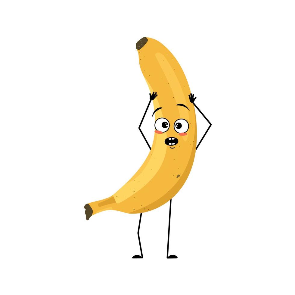 Banana character with emotions in panic grabs his head, surprised face, shocked eyes, arms and legs. Person with scared expression, fruit emoticon. Vector flat illustration