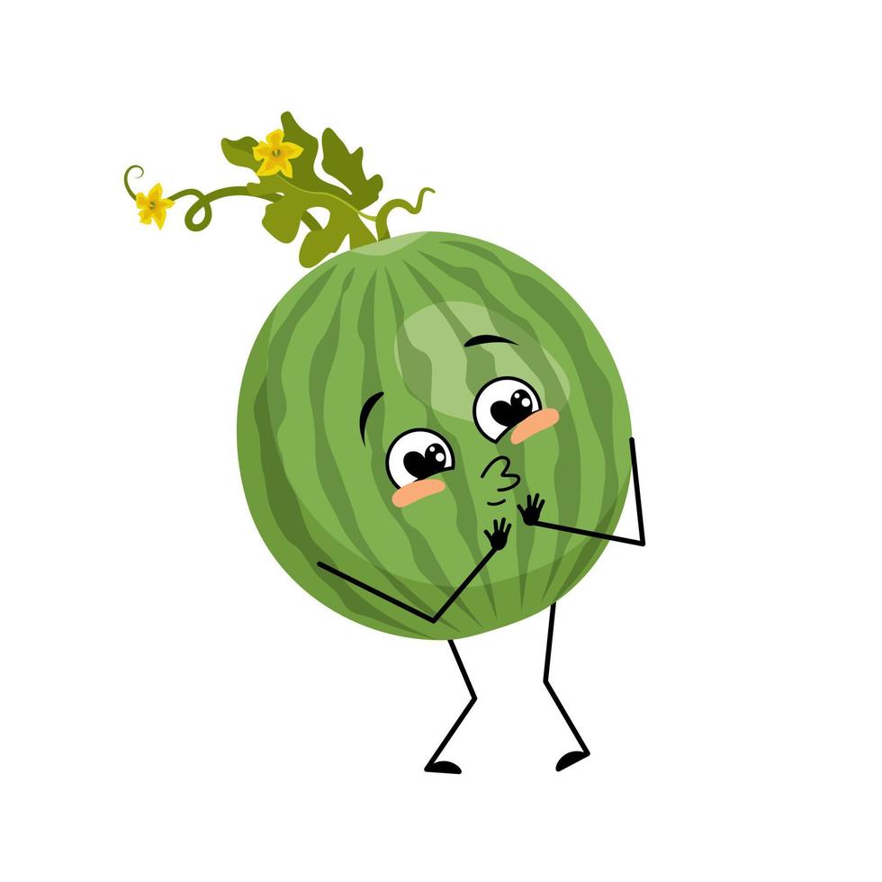 Green striped round watermelon character with love emotions, smile face, arms and legs. Person with happy expression, fruit or berry emoticon. Vector flat illustration