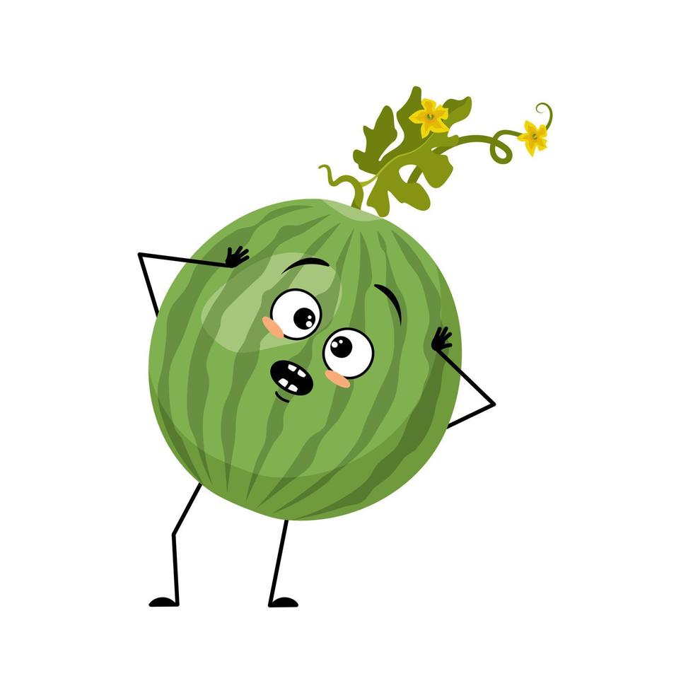 Green striped round watermelon character with emotions in panic grabs his head, surprised face, shocked eyes, arms and legs. Person with scared expression, fruit emoticon. Vector flat illustration