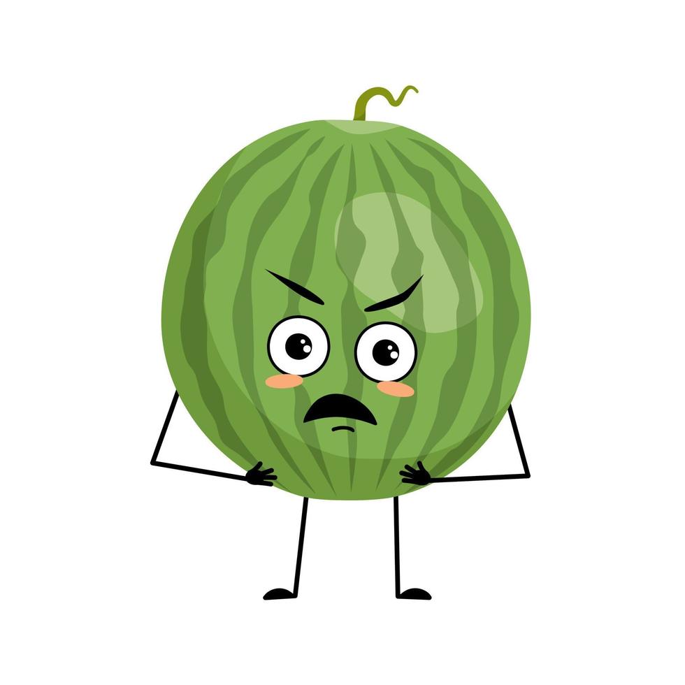 Green striped round watermelon character with angry emotions, grumpy face, furious eyes, arms and legs. Person with irritated expression, fruit emoticon. Vector flat illustration
