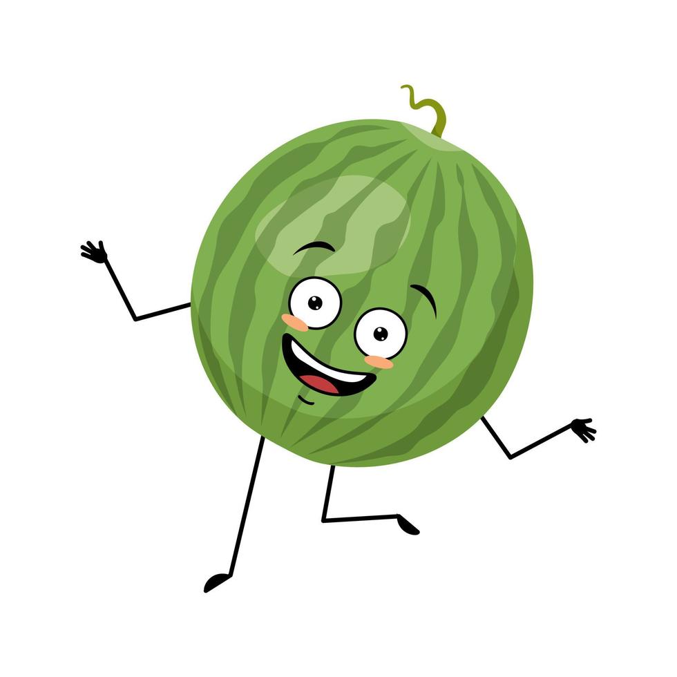 Green striped round watermelon character with crazy happy emotion, joyful face, smile eyes, dancing arms and legs. Person with happy expression, fruit or berry emoticon. Vector flat illustration