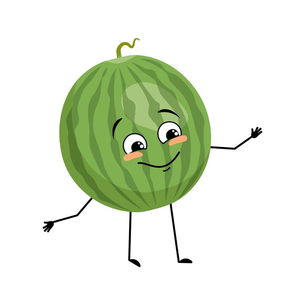 Green striped round watermelon character with happy emotion, joyful face, smile eyes, arms and legs. Person with happy expression, fruit or berry emoticon. Vector flat illustration