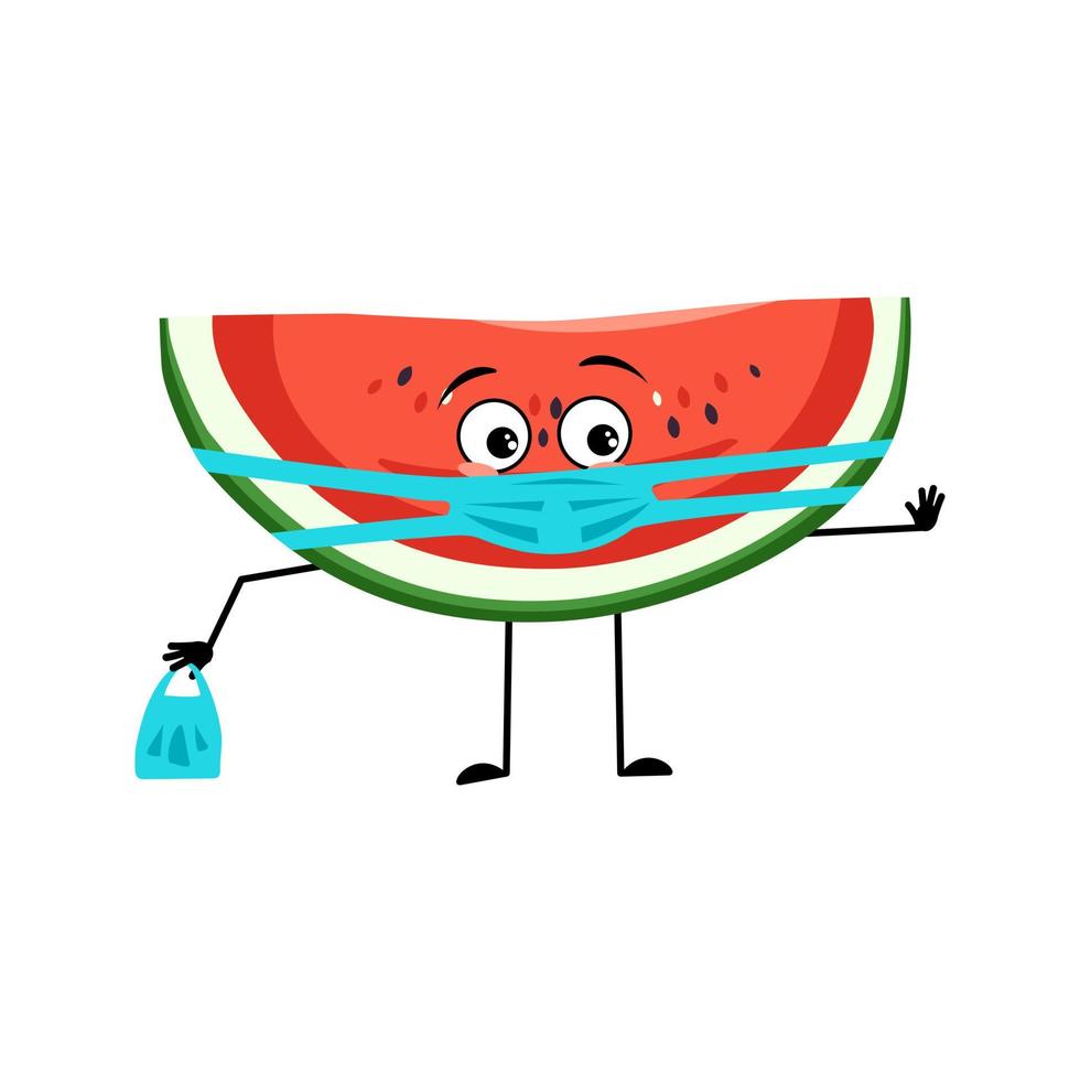 Watermelon character with sad emotions, face and mask keep distance, hands with shopping bag and stop gesture. Person with care expression, fruit emoticon. Vector flat illustration