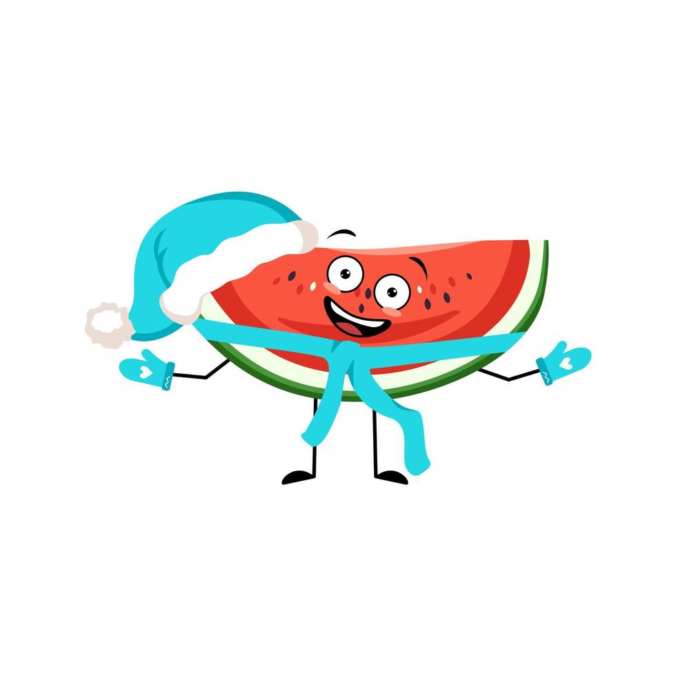 Watermelon character with happy emotion in Santa hat, joyful face, smile eyes, arms and legs. Person with expression, fruit emoticon. Vector flat illustration