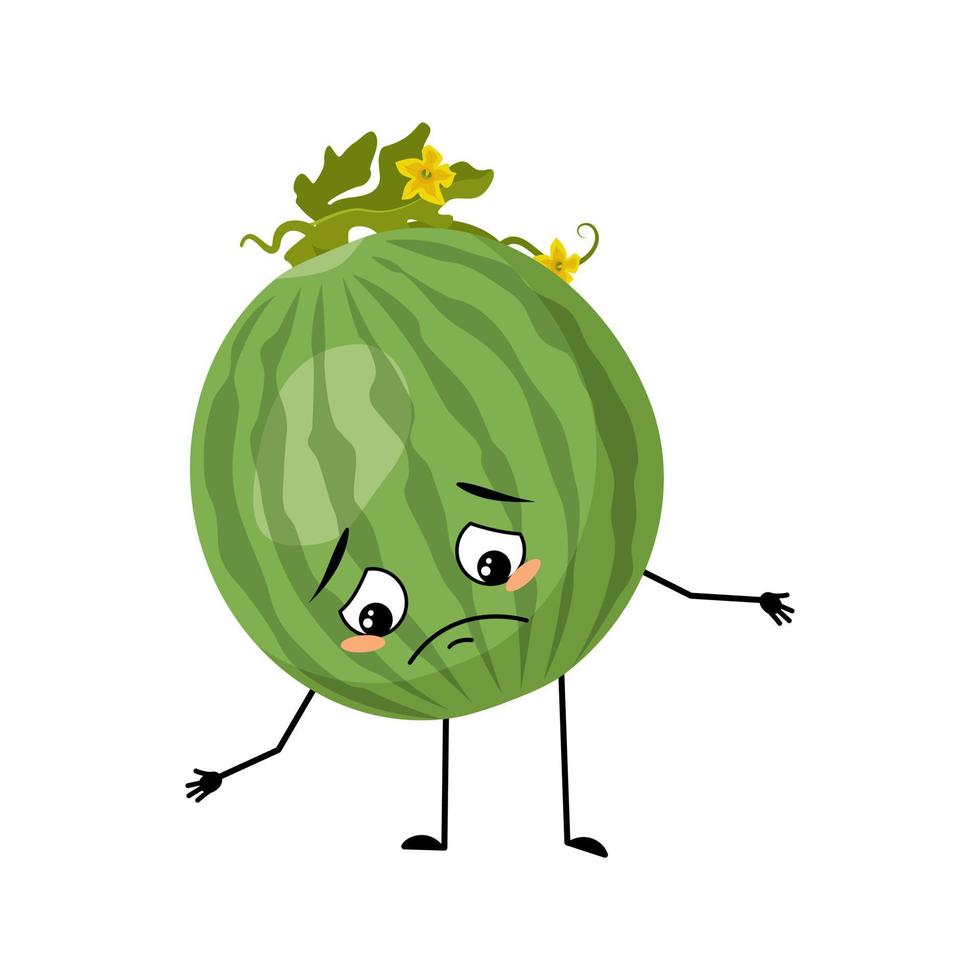 Green striped round watermelon character with sad emotions, depressed face, down eyes, arms and legs. Person with melancholy expression, fruit emoticon. Vector flat illustration