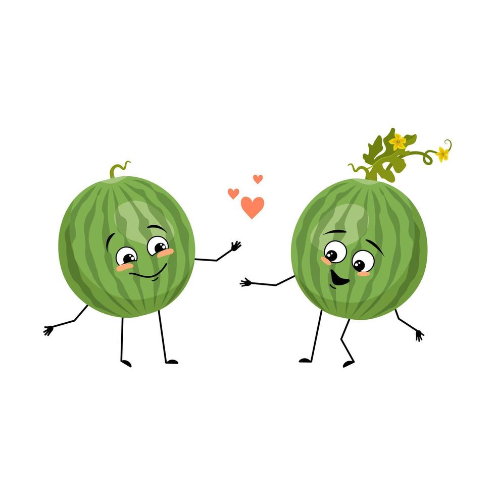 Green striped round watermelon character with love emotions, smile face, arms and legs. Person with happy expression, fruit or berry emoticon. Vector flat illustration