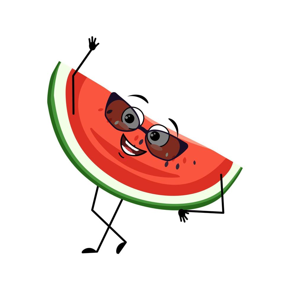 Watermelon character with happy emotion with glasses, joyful face, smile eyes, dancing arms and legs. Person with expression, fruit emoticon. Vector flat illustration