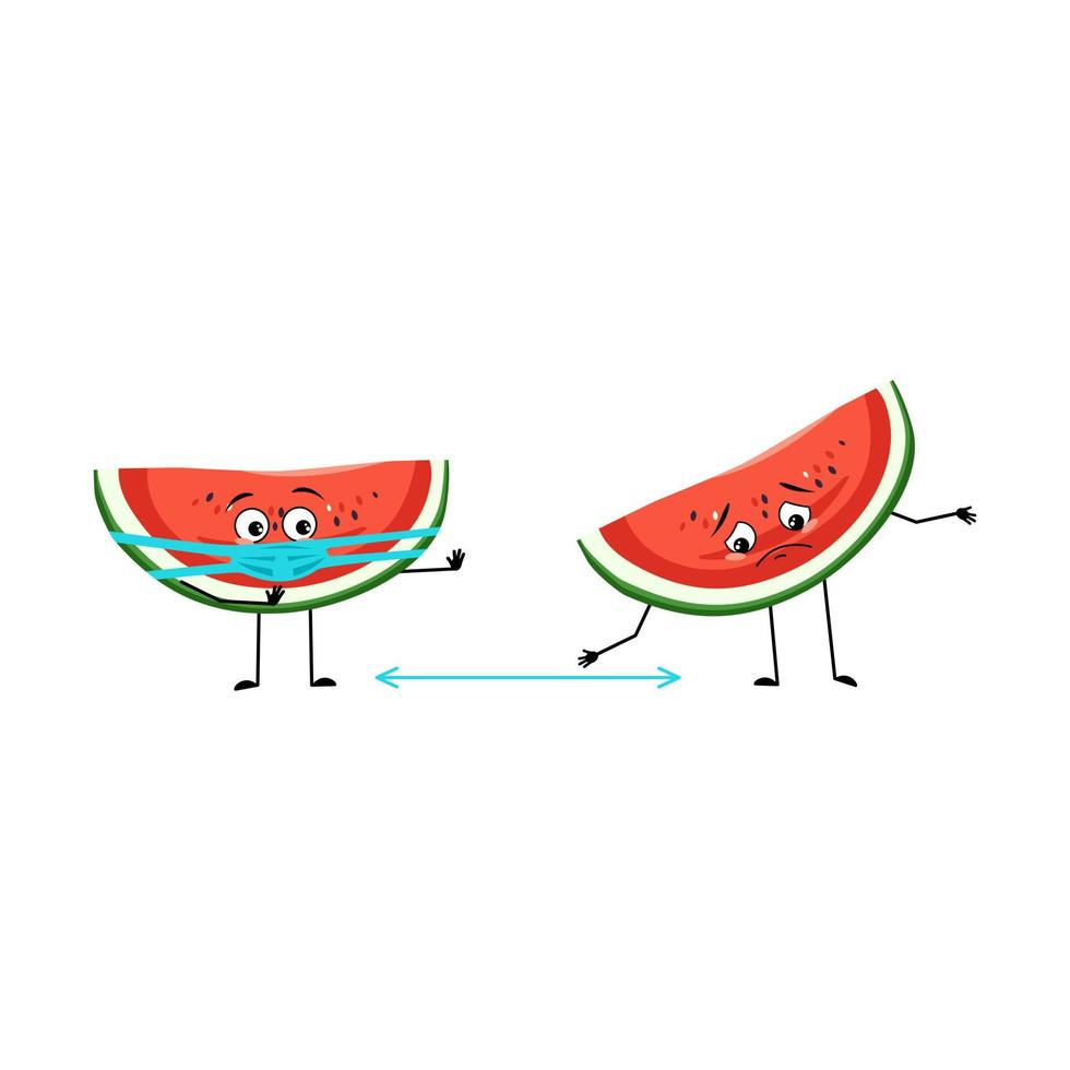 Watermelon character with sad emotions, face and mask keep distance, arms and legs. Person with care expression, fruit emoticon. Vector flat illustration