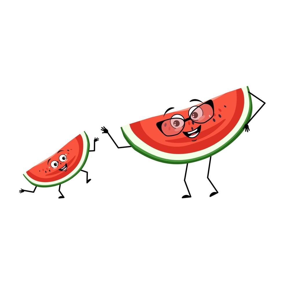 Watermelon character with happy emotion, joyful face, smile eyes, dancing arms and legs. Person with expression, fruit emoticon. Grandmother with glasses and grandson dancing. Vector flat illustration