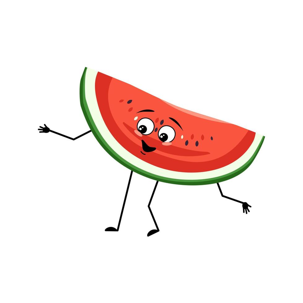 Watermelon character with happy emotion, joyful face, smile eyes, arms and legs. Person with happy expression, fruit or berry emoticon. Vector flat illustration