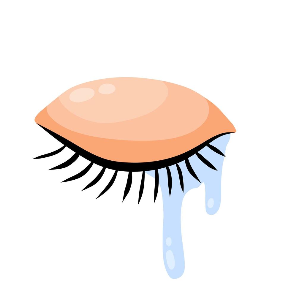 Crying eye with tears. Closed eyelid with eyelashes. vector