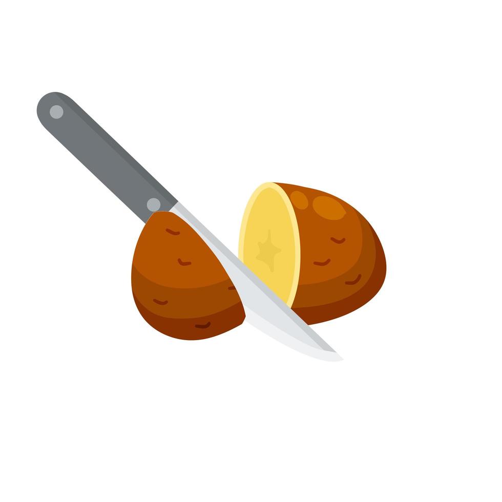 patatas en rodajas con cuchillo. trozo de vegetal de raíz marrón. vector