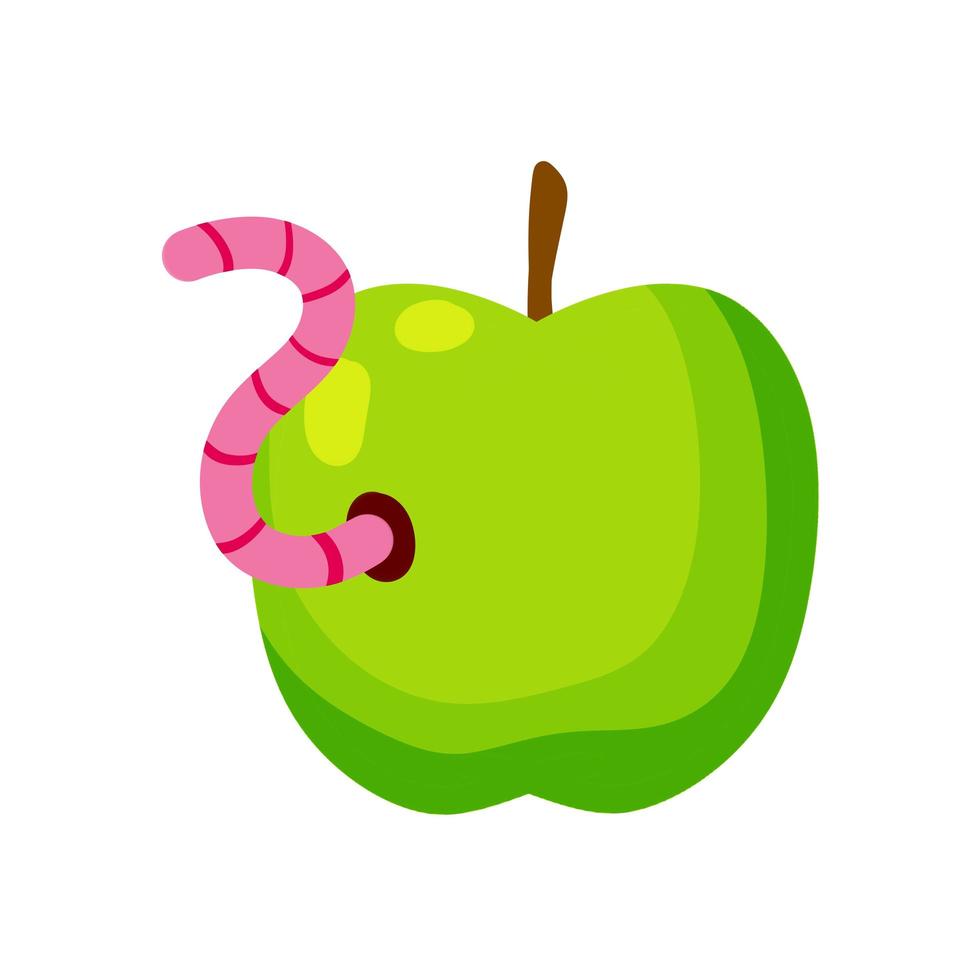 Green apple. Fruit with a worm. Flat cartoon illustration vector