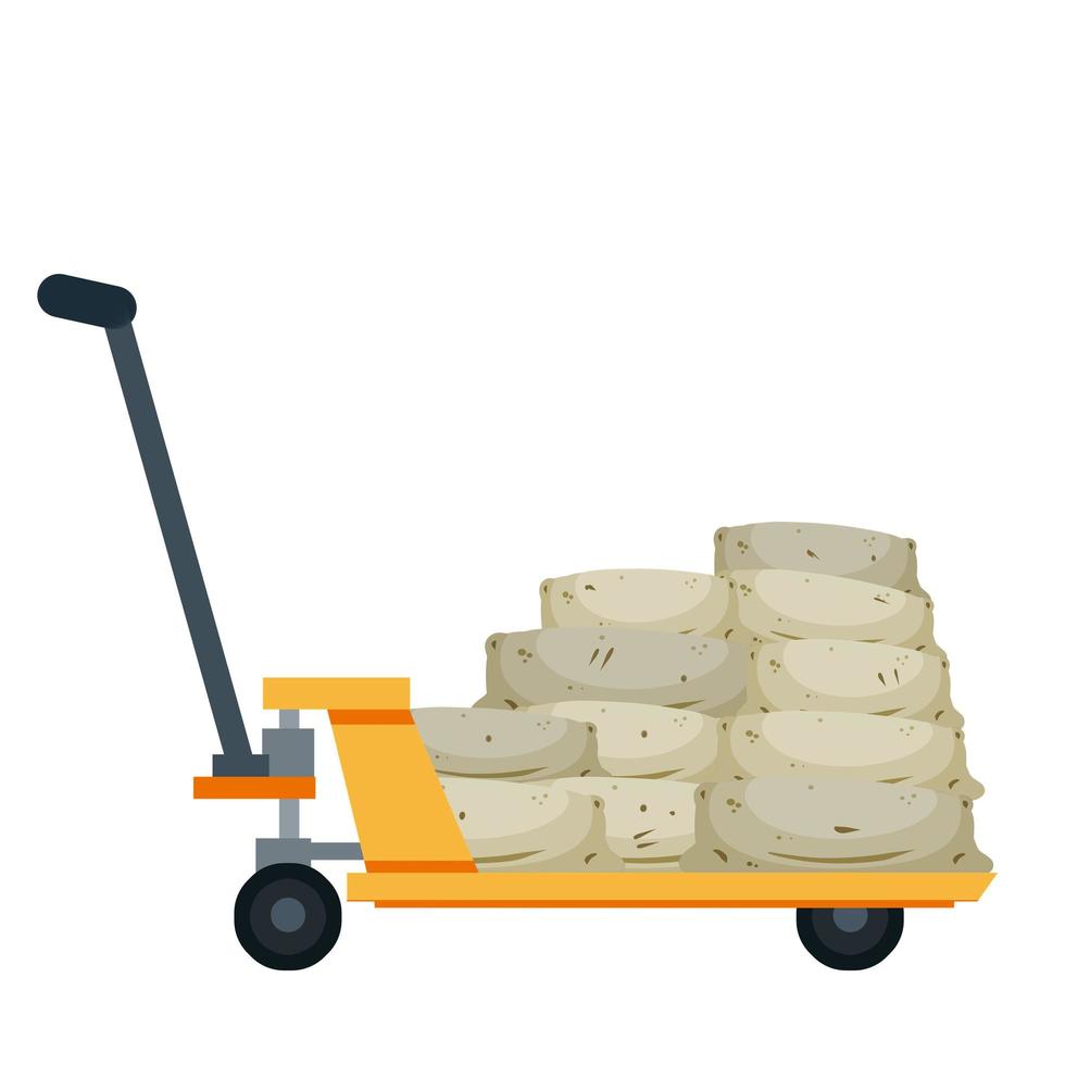 Platform trolley and Handcart with burlap bag. Stack of sack, cargo and goods vector