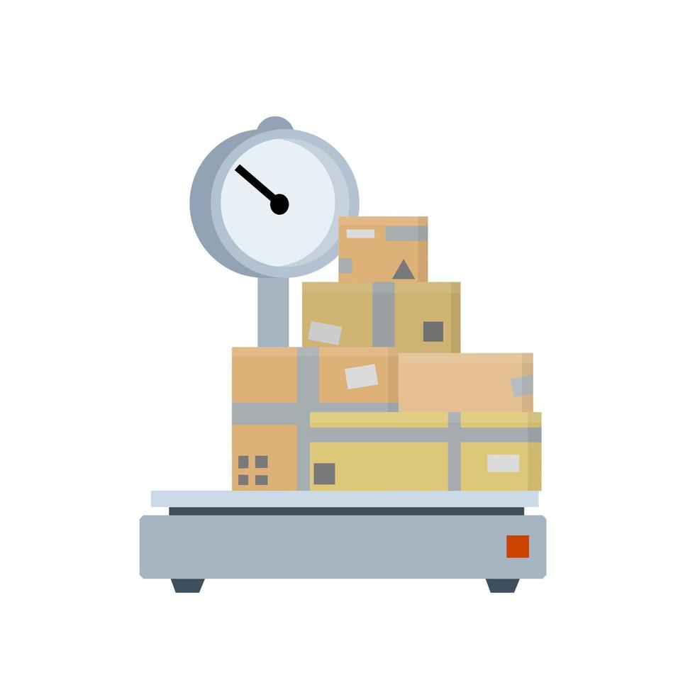 Box is on scale. Weighing of cargo and parcels. vector