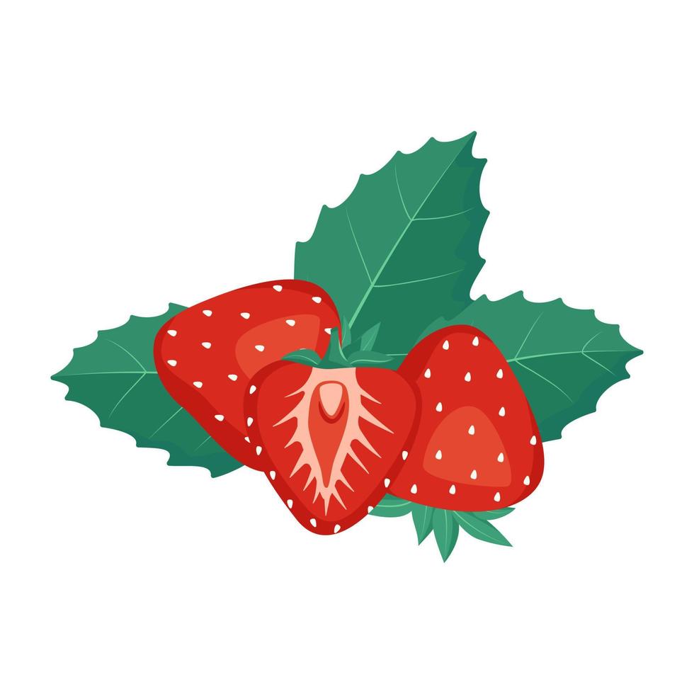 Strawberry red berry icon. Sweet tasty food and snack. Natural product suitable for vegetarians. A source of vitamins and allergies. Vector flat illustration