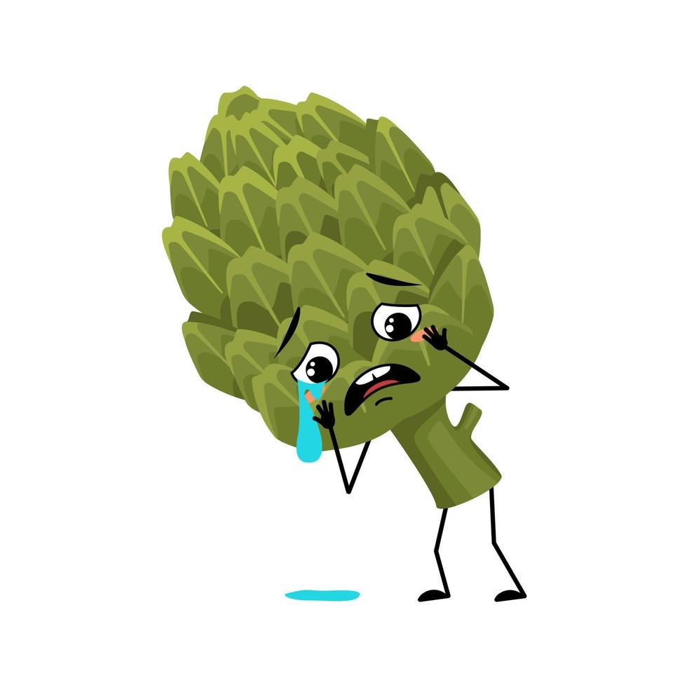 personaje de alcachofa con emoción de llanto y lágrimas, cara triste, ojos depresivos. persona con expresión melancólica, emoticono vegetal verde. ilustración plana vectorial vector