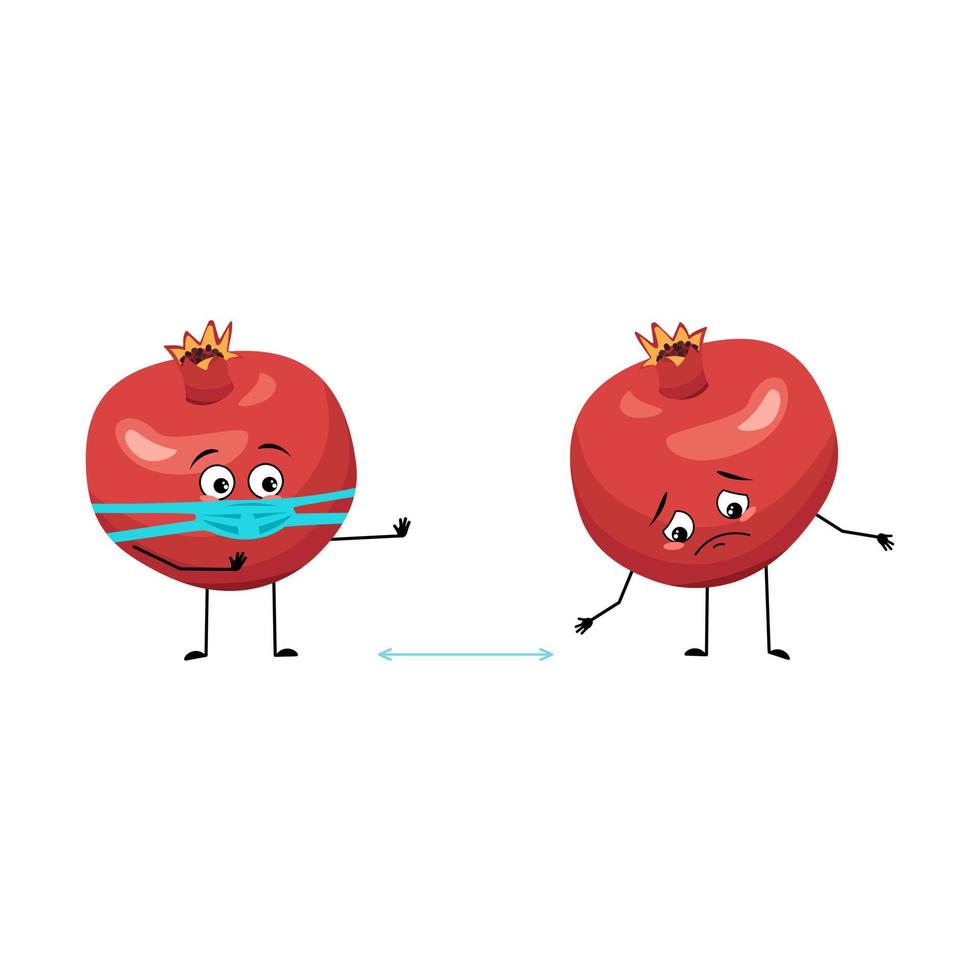 Pomegranate character with sad emotions, face and mask keep distance, arms and legs. Person with care expression, fruit emoticon. Vector flat illustration