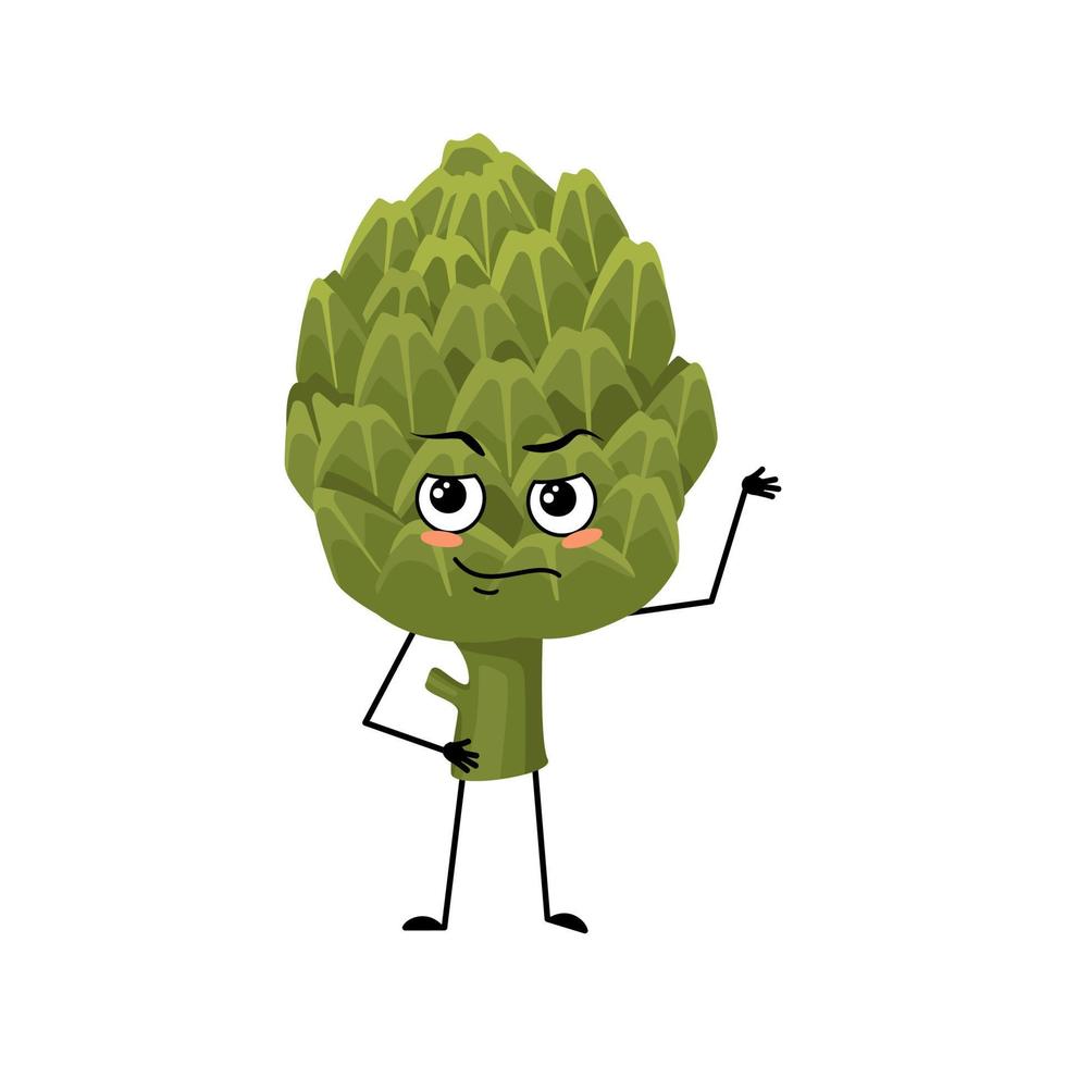 Artichoke character with emotions of hero, brave face, arms and leg. Person with courage expression, green vegetable emoticon. Vector flat illustration