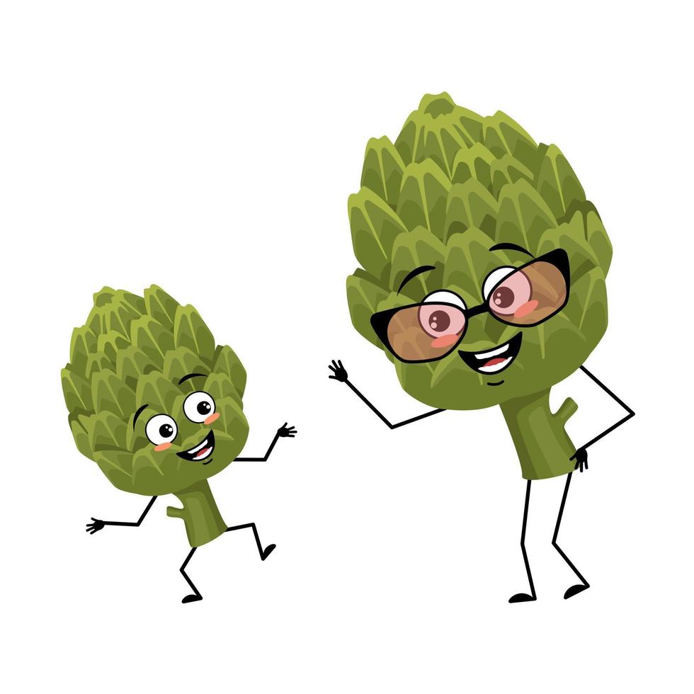 Artichoke grandmother with glasses and grandson dancing character with happy emotion, joyful face, smile eyes, arms and legs. Vegetable emoticon. Vector flat illustration