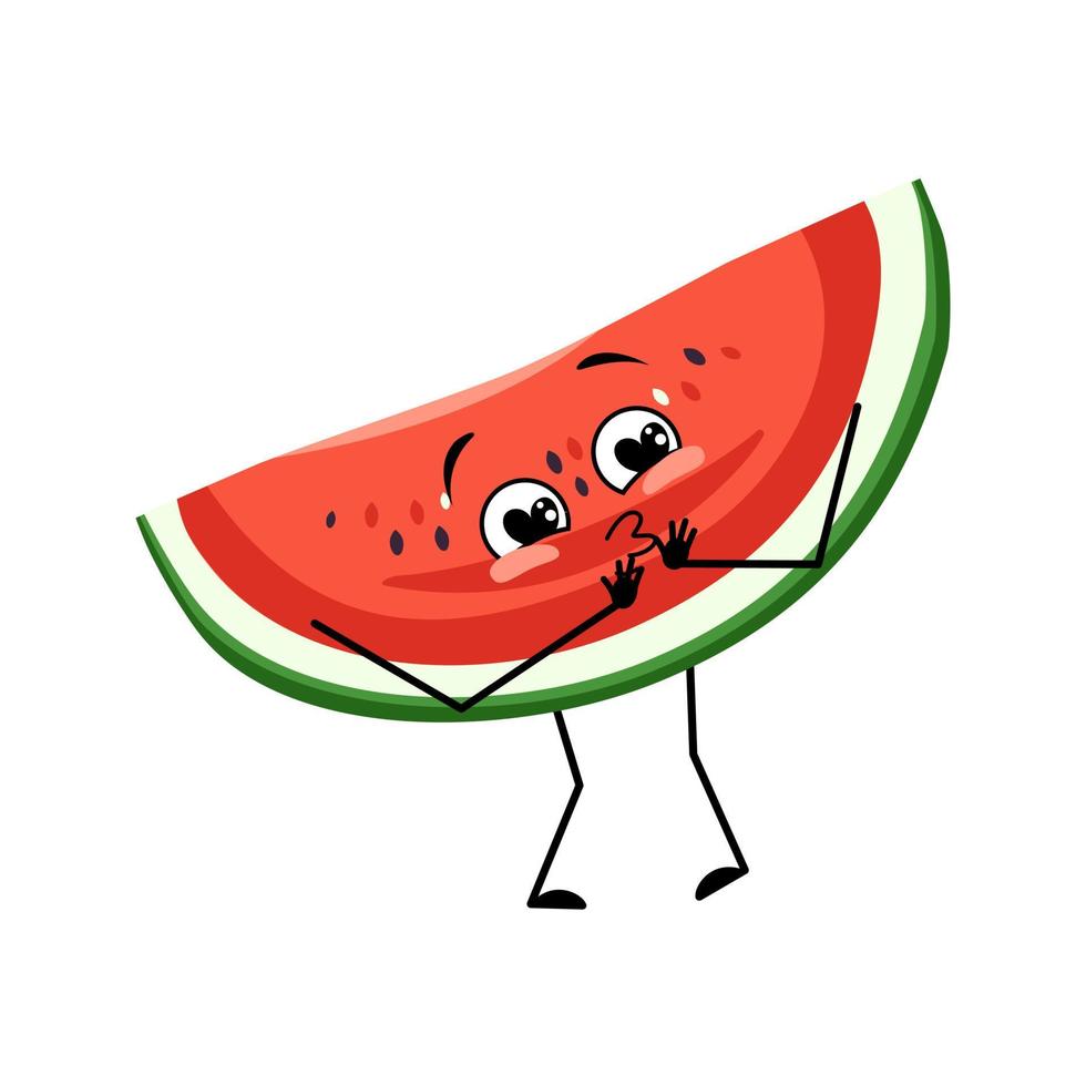 Watermelon character with love emotions, smile face, arms and legs. Person with happy expression, fruit or berry emoticon. Vector flat illustration