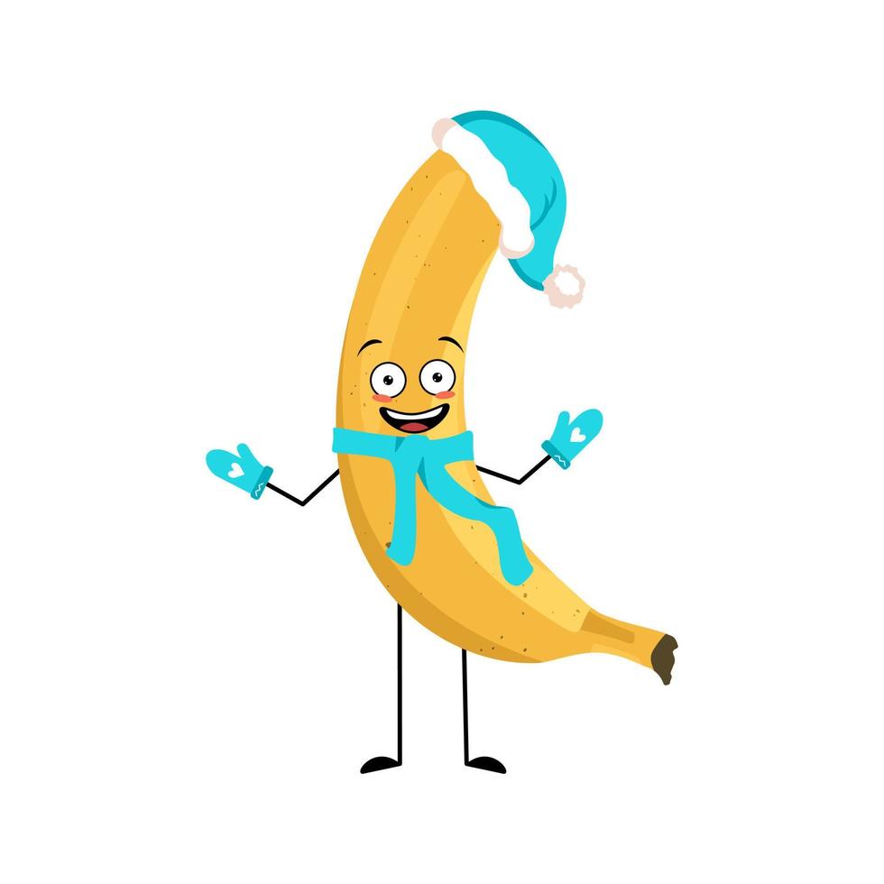 Banana character in Santa hat with happy emotion, joyful face, smile eyes, arms and legs. Person with expression, fruit emoticon. Vector flat illustration