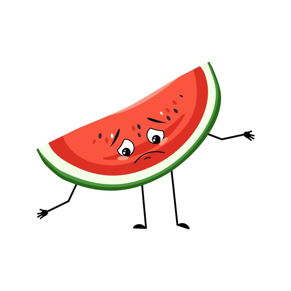 Watermelon character with sad emotions, depressed face, down eyes, arms and legs. Person with melancholy expression, fruit emoticon. Vector flat illustration